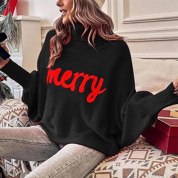 Oversized Christmas Black Sweater Women 2025 Merry Turtleneck Batwing Sleeve - Picture 2 of 6